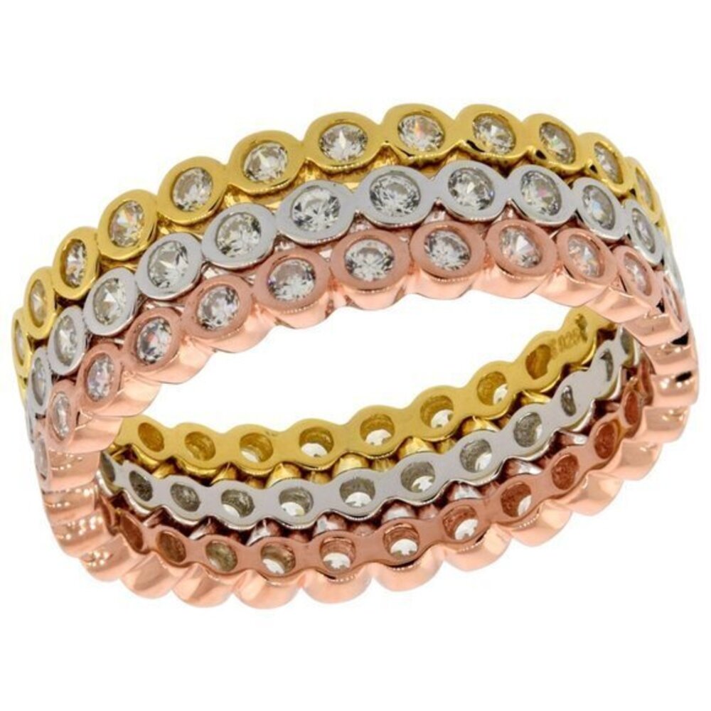 Sterling Silver Micro Pave Cubic Zirconia Stackable Eternity Wedding Band 3pc